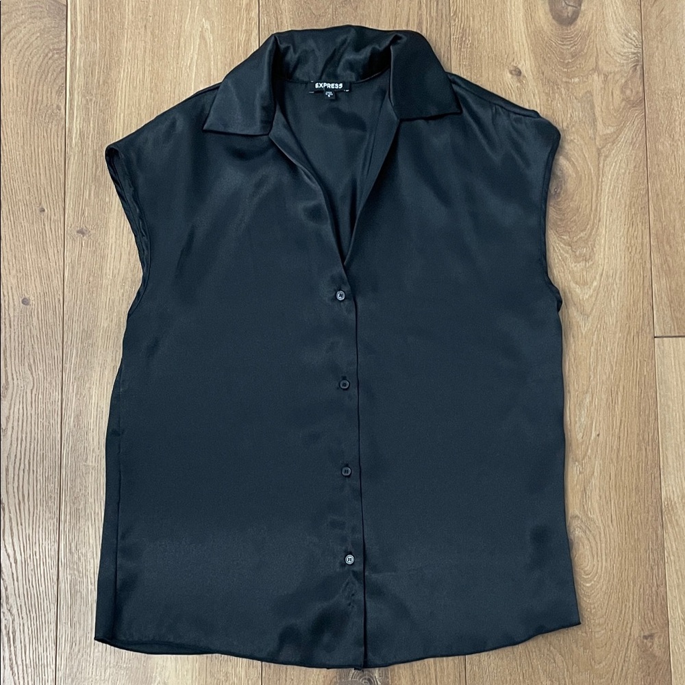 Express Sleeveless Black Satin Look Button-Down Shirt